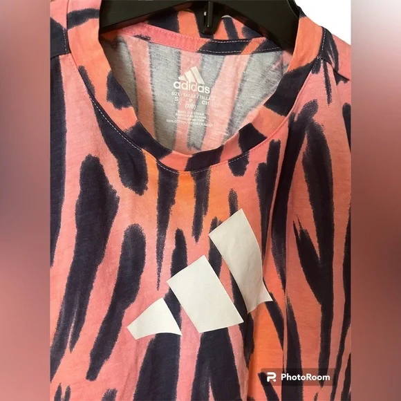 Adidas logo all over print tee zebra top. Sz small 7/8 Orange/pink/black stripes - Picture 2 of 6